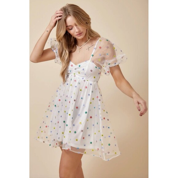 Altar'd State Dresses & Skirts - altar'd state Colorful Floral Babydoll Dress Sheer Puff Sleeve Spring Easter M
